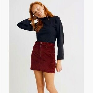 Madewell Women Velvet Front Zip Skirt Maroon Back Pocket Stretch Size 26